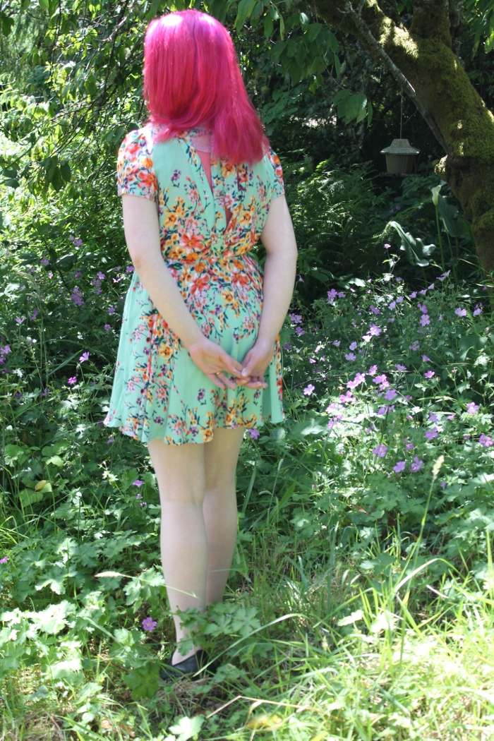 Mint Green Floral Open Back Dress - back view