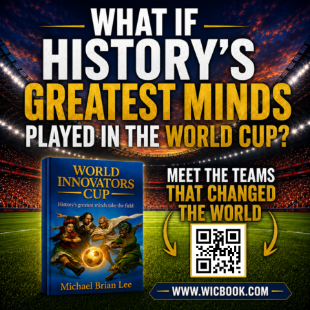 Creative World Innovators Cup advertisement imagining history&rsquo;s greatest minds competing like World Cup teams, featuring the book cover and a QR code.